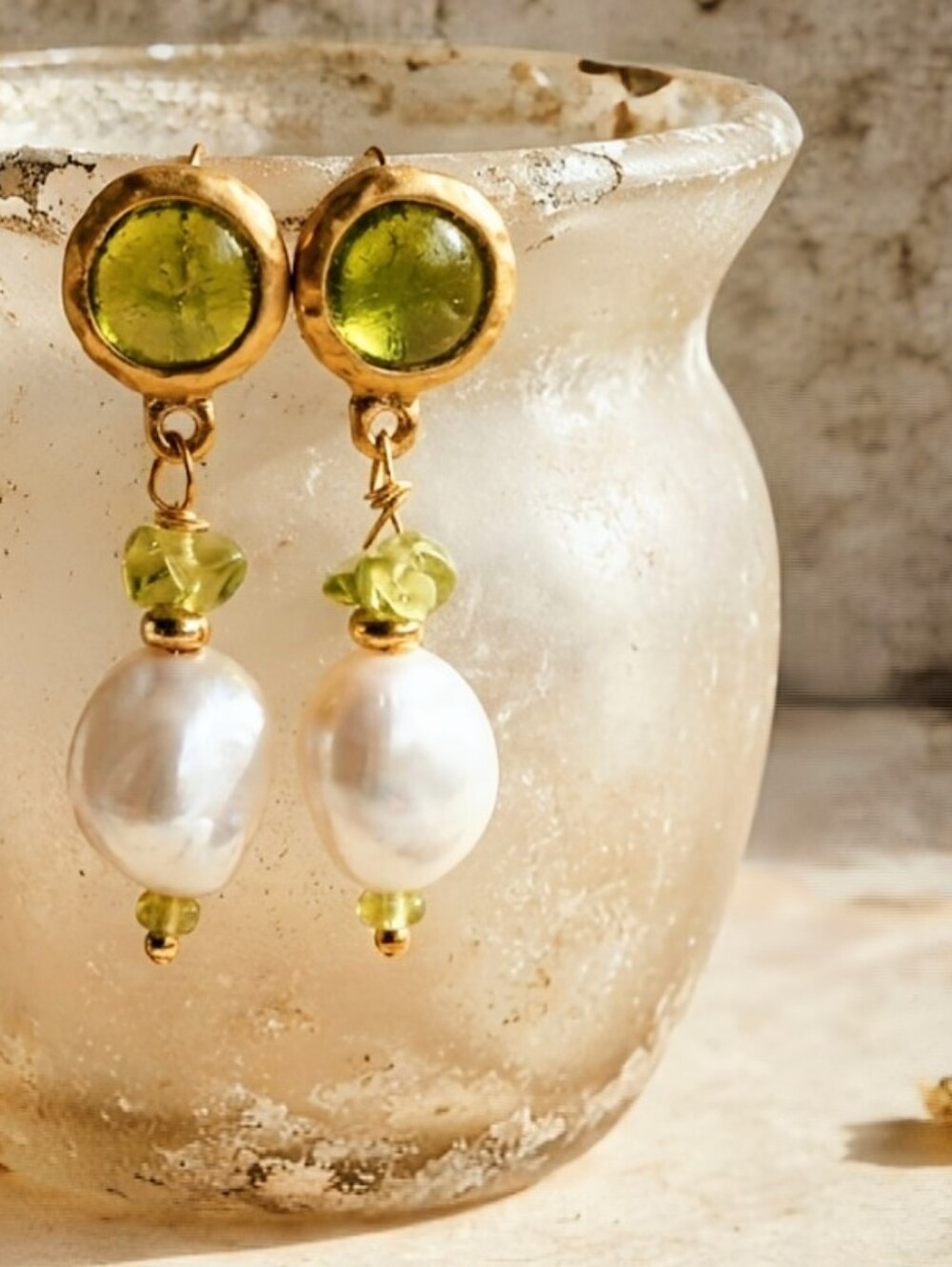 Natural Peridot 4 Carats & White Barqoue Pearls In Hammered Gold Plated Earrings